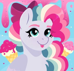 Size: 2251x2160 | Tagged: safe, artist:magnolia, oc, oc only, oc:sky sorbet, pegasus, bow, bust, curly mane, cute, female, food, hair bow, ice cream, mare, multicolored hair, ocbetes, pegasus oc, portrait, solo, tongue out