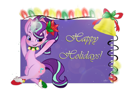 Size: 2200x1800 | Tagged: safe, artist:tractaresolidum, starlight glimmer, pony, unicorn, g4, 2016, bell, bell collar, blushing, chest fluff, clothes, collar, ear fluff, female, flower, flower in hair, glowing, glowing horn, happy holidays, horn, lens flare, magic, magic aura, mare, old art, open mouth, open smile, signature, smiling, socks, solo