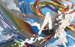 Size: 4126x2605 | Tagged: safe, artist:koookami, rainbow dash, human, g4, anime style, colored, female, humanized, impossibly long hair, lanky, long hair, multicolored hair, outdoors, rainbow hair, skinny, sky, tall, thin, very long hair