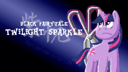 Size: 800x450 | Tagged: safe, artist:alumina nitride, twilight sparkle, unicorn, g4, black myth:wukong, chinese, digital art, english, gradient background, horn, parallel universe, pixel art, pixel-crisp art, scissors, solo, text