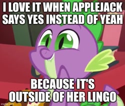 Size: 541x461 | Tagged: safe, edit, edited screencap, screencap, spike, dragon, g4, owl's well that ends well, season 1, baby, baby dragon, caption, cropped, excited, excitement, green eyes, grin, image macro, imgflip, impact font, implied applejack, male, purple scales, slit pupils, smiling, solo, text, wingless spike