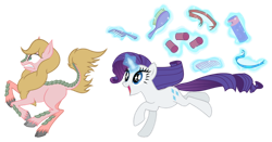 Size: 900x471 | Tagged: safe, artist:saturngrl, rarity, oc, oc:taohua, kirin, pony, unicorn, g4, chase, comb, duo, duo female, female, hair curlers, hairspray, horn, imminent makeover, magic, mare, running, simple background, telekinesis, transparent background