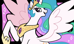 Size: 1500x900 | Tagged: safe, artist:pc-doodle, princess celestia, alicorn, pony, g4, female, looking at you, mare, open mouth, open smile, smiling, smiling at you, solo, spread wings, wings