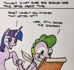 Size: 2048x1936 | Tagged: safe, artist:hoofclid, spike, twilight sparkle, dragon, pony, unicorn, g4, dialogue, duo, duo male and female, female, male, marker drawing, open mouth, open smile, quill, smiling, speech bubble, tongue out, traditional art, unicorn twilight