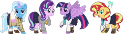 Size: 7944x2211 | Tagged: safe, artist:sketchmcreations, starlight glimmer, sunset shimmer, trixie, twilight sparkle, alicorn, pony, unicorn, g4, :3, alternate versions at source, anime, bowl, chopsticks, clothes, cup, exclamation point, female, floppy ears, food, glowing, glowing horn, group, hoof on chest, horn, interrobang, magic, mare, my deer friend nokotan, open mouth, quartet, question mark, raised hoof, rice, school uniform, shoes, simple background, skirt, socks, sunset shimmer is not amused, sweater, teacup, telekinesis, transparent background, twilight sparkle (alicorn), unamused, vector