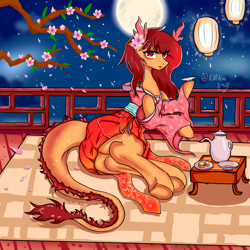 Size: 4096x4096 | Tagged: safe, artist:dw_atias, oc, oc only, oc:ruo, chinese dragon, dragon, original species, butt, clothes, female, food, hanfu, large butt, moon, mooncake, outdoors, plot, robe, solo