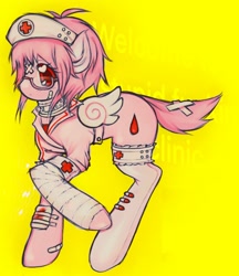 Size: 1771x2048 | Tagged: safe, artist:lexette7, oc, oc only, pony, anime style, bandage, bandaged leg, fake wings, female, glasses, mare, pink coat, pink mane, raised hoof, red eyes, solo, wings