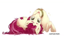 Size: 1303x726 | Tagged: safe, artist:captain puff, roseluck, pony, behaving like a cat, collar, commission, commissioner:doom9454, cute, fluffy, looking at you, lying down, pet tag, ponified animal photo, pony pet, rosepet