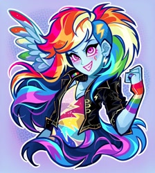 Size: 1288x1440 | Tagged: safe, artist:libbly_libby, rainbow dash, human, equestria girls, g4, alternate hairstyle, breasts, cleavage, female, grin, one wing out, outline, smiling, solo, white outline, wings