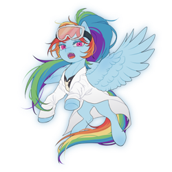 Size: 1500x1500 | Tagged: safe, artist:lawillowsea, rainbow dash, pegasus, pony, g4, clothes, female, goggles, lab coat, mare, open mouth, safety goggles, simple background, solo, spread wings, transparent background, wings