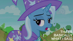 Size: 2000x1125 | Tagged: safe, edit, edited screencap, editor:quoterific, screencap, trixie, pony, unicorn, g4, season 7, to change a changeling, cape, clothes, hat, horn, outdoors, solo, trixie's cape, trixie's hat