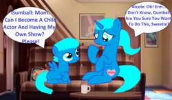 Size: 3872x2264 | Tagged: safe, artist:memeartboi, pegasus, pony, unicorn, g4, ask, asking, colt, confused, couch, cute, determination, duo, duo male and female, excited, female, foal, gumball watterson, heart, horn, indoors, little boy, living room, male, mare, mother, mother and child, mother and son, nervous, nicole watterson, pegasus wings, ponified, prequel, sitting, smiling, the amazing world of gumball, unicorn horn, wings, worried