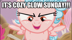 Size: 498x279 | Tagged: safe, edit, edited screencap, screencap, cozy glow, pegasus, pony, frenemies (episode), g4, my little pony: friendship is magic, cozyposting, female, filly, foal, open mouth, solo, spread wings, sunday, text, wings