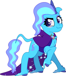 Size: 1009x1152 | Tagged: safe, artist:prixy05, trixie, classical unicorn, pony, unicorn, series:magic forest, g4, cloven hooves, female, hooded cape, horn, leonine tail, mare, redesign, simple background, solo, transparent background, unshorn fetlocks, vector