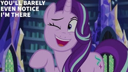 Size: 1920x1080 | Tagged: safe, edit, edited screencap, editor:quoterific, screencap, starlight glimmer, pony, unicorn, equestria girls, equestria girls specials, g4, my little pony equestria girls: mirror magic, dialogue, female, horn, indoors, library, mare, one eye closed, solo, twilight's castle, twilight's castle library, wink