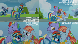 Size: 2000x1125 | Tagged: safe, edit, edited screencap, editor:quoterific, screencap, bow hothoof, rainbow dash, windy whistles, pegasus, pony, g4, parental glideance, season 7, clothes, female, male, mare, outdoors, stallion, uniform, wonderbolts headquarters, wonderbolts uniform