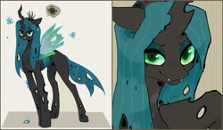 Size: 1280x747 | Tagged: safe, artist:tikovka_pumpkin, queen chrysalis, changeling, changeling queen, g4, bust, cute, cutealis, fangs, full body, looking at you, smiling, solo