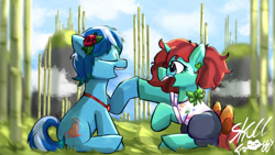 Size: 1192x670 | Tagged: safe, artist:skullfroggy, oc, oc only, earth pony, unicorn, clothes, duo, earth pony oc, flower, flower in hair, glasses, hoofbump, horn, outdoors, sitting, unicorn oc