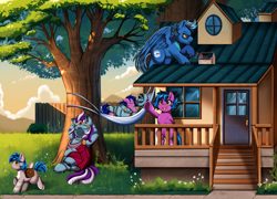 Size: 3514x2529 | Tagged: safe, artist:pridark, oc, oc only, hybrid, pegasus, pony, zebra, zony, bag, fence, hammer, hammock, house, outdoors, pegasus oc, porch, saddle bag, tongue out, toolbox, tree, zebra oc, zony oc