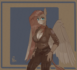 Size: 2400x2200 | Tagged: safe, artist:stray prey, oc, oc only, oc:wild spice, pegasus, anthro, breasts, cleavage, looking at you, partially open wings, pegasus oc, solo, wings