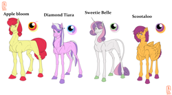 Size: 4000x2208 | Tagged: safe, artist:anelaponela, apple bloom, diamond tiara, scootaloo, sweetie belle, earth pony, pegasus, pony, unicorn, g4, cutie mark crusaders, female, horn, leonine tail, lipstick, older, redesign, simple background, tail, travelersverse, white background