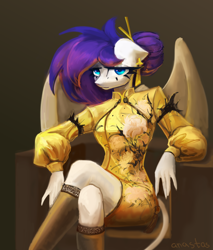 Size: 4000x4700 | Tagged: safe, artist:anastas, oc, oc only, oc:amethyst dawn, pegasus, pony, anthro, clothes, crossed legs, dress, ear piercing, earring, floppy ears, gradient background, hand, jewelry, looking at you, piercing, sitting, solo, spread wings, stockings, tail, thigh highs, wings