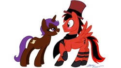 Size: 1024x576 | Tagged: safe, artist:theabbeyroadie, oc, oc only, oc:eliyora, oc:toonkriticy2k, pegasus, pony, unicorn, aged like milk, duo, duo male and female, female, harsher in hindsight, hat, horn, images that precede unfortunate events, male, mare, pegasus oc, raised hoof, simple background, spread wings, stallion, the implications are horrible, transparent background, unfortunate implications, unicorn oc, wings