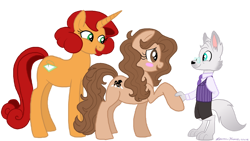 Size: 1024x576 | Tagged: safe, oc, oc only, oc:abbey roadie, oc:dr. wolf, oc:keyframe, earth pony, pony, unicorn, earth pony oc, furry, furry oc, hoofshake, horn, simple background, transparent background, trio, unicorn oc