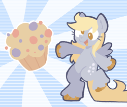 Size: 3065x2584 | Tagged: safe, artist:toaestt, derpy hooves, pegasus, pony, g4, bipedal, female, food, lineless, mare, muffin, open mouth, shiny hooves, smiling, solo, striped background