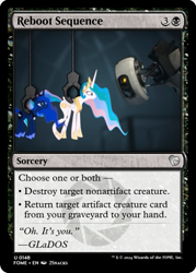 Size: 375x523 | Tagged: safe, artist:2snacks, edit, princess celestia, princess luna, alicorn, two best sisters play, aperture science, ccg, glados, magic the gathering, portal (valve), portal 2, trading card, trading card edit, trading card game