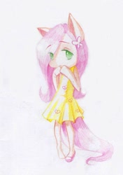 Size: 782x1111 | Tagged: safe, artist:wolfiedrawie, fluttershy, anthro, g4, chibi, clothes, dress, female, one shoe off, simple background, solo, traditional art, white background