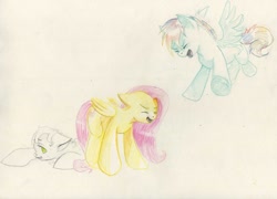 Size: 1200x865 | Tagged: safe, artist:wolfiedrawie, fluttershy, rainbow dash, oc, pegasus, pony, g4, female, flying, mare, simple background, traditional art, trio, white background, yay, yelling