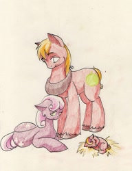 Size: 920x1200 | Tagged: safe, artist:wolfiedrawie, big macintosh, cheerilee, oc, earth pony, pony, g4, female, foal, lying down, male, mare, offspring, parent:big macintosh, parent:cheerilee, parents:cheerimac, prone, ship:cheerimac, shipping, simple background, sleeping, stallion, straight, traditional art, trio, unshorn fetlocks, white background, yoke