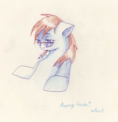 Size: 770x800 | Tagged: safe, artist:wolfiedrawie, oc, oc only, pony, glasses, mouth hold, pencil, simple background, solo, white background