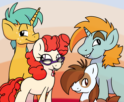 Size: 3024x2507 | Tagged: safe, artist:chaosimp2006, pipsqueak, snails, snips, twist, earth pony, pony, unicorn, g4, candy, candy cane, female, food, gradient background, group, horn, mare, older, older pipsqueak, older snails, older snips, older twist