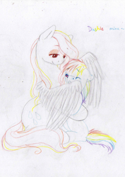 Size: 1654x2338 | Tagged: safe, artist:wolfiedrawie, rainbow dash, oc, oc:prism rain, pegasus, pony, g4, duo, female, filly, filly rainbow dash, hug, mare, parent and child, song reference, traditional art, winghug, wings, wip, younger