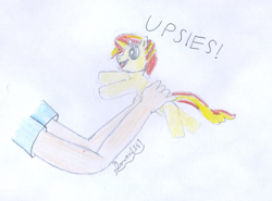 Size: 1615x1197 | Tagged: safe, artist:dounet361, sunset shimmer, human, pony, equestria girls, g4, cute, disembodied arm, disembodied hand, female, filly, filly sunset shimmer, foal, hand, holding a pony, newbie artist training grounds, pencil drawing, reference used, shimmerbetes, signature, smiling, sunset shimmer day, traditional art, upsies, younger