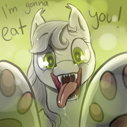 Size: 300x300 | Tagged: safe, artist:wolfiedrawie, oc, oc only, pony, wolf, wolf pony, drool, ear tufts, female, imminent vore, mare, mawshot, open mouth, paws, sharp teeth, solo, teeth, tongue out, uvula