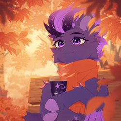 Size: 2400x2399 | Tagged: safe, artist:floweryoutoday, oc, oc only, oc:shadow galaxy, pegasus, pony, autumn, autumn leaves, bench, cheek fluff, clothes, commission, cup, cute, ear fluff, ethereal mane, female, hooves, leaves, mare, outdoors, pegasus oc, scarf, smiling, solo, starry mane, tree, unshorn fetlocks, ych result