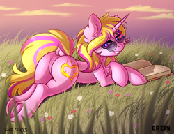 Size: 2600x2000 | Tagged: safe, alternate character, alternate version, artist:erein, artist:yuris, oc, oc only, oc:kindle heart, pony, unicorn, advertisement, butt, chest fluff, cloud, collaboration, commission, dock, featureless crotch, female, field, flower, frog (hoof), grass, horn, looking at you, looking back, looking back at you, lying down, multi ych "on the beach/field", outdoors, plot, sky, smiling, smiling at you, solo, tail, underhoof, ych result