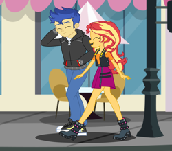 Size: 3702x3264 | Tagged: safe, artist:gmaplay, flash sentry, sunset shimmer, human, equestria girls, g4, date, duo, duo male and female, female, male, outdoors, ship:flashimmer, shipping, straight, street, sunset shimmer day