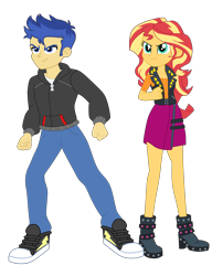 Size: 4592x5965 | Tagged: safe, artist:gmaplay, flash sentry, sunset shimmer, cheer you on, equestria girls, g4, my little pony equestria girls: better together, belt, boots, clothes, cutie mark on clothes, denim, duo, duo male and female, female, geode of empathy, hoodie, jeans, jewelry, leather, leather boots, leather vest, magical geodes, male, necklace, pants, pink skirt, ship:flashimmer, shipping, shirt, shoes, shoulderless, shoulderless shirt, simple background, skirt, sneakers, spikes, straight, studs, sunset shimmer day, transparent background, vest