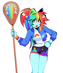 Size: 2942x3411 | Tagged: safe, artist:honkattack, rainbow dash, human, equestria girls, equestria girls specials, g4, my little pony equestria girls: better together, my little pony equestria girls: sunset's backstage pass, clothes, female, hand on hip, hat, high res, jacket, legs, looking at you, open mouth, outline, paddle, ponytail, rainbow dash's paddle, shirt, shorts, simple background, solo, transparent background, visor cap, wristband