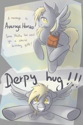 Size: 800x1200 | Tagged: safe, artist:wolfiedrawie, derpy hooves, pegasus, pony, g4, bag, birthday art, birthday gift, female, flying, gift art, hug, mare, offscreen character, pov, saddle bag, solo