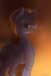 Size: 800x1200 | Tagged: safe, alternate version, artist:wolfiedrawie, oc, oc only, pony, unicorn, blood, cigarette, horn, male, red eyes, smoking, solo, stallion, unshorn fetlocks