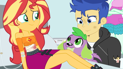 Size: 3379x1900 | Tagged: safe, artist:gmaplay, flash sentry, lyra heartstrings, spike, spike the regular dog, sunset shimmer, human, equestria girls, g4, bandage, bed, blood, female, hospital, hospital bed, male, teary eyes, trio