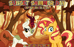 Size: 2064x1321 | Tagged: safe, artist:jhayarr23, artist:not-yet-a-brony, autumn blaze, sunset shimmer, kirin, unicorn, equestria daily, g4, 2024, autumn, autumn blaze and autumn, duo, friends, friendship, horn, link in description, outdoors, september, sunset shimmer day