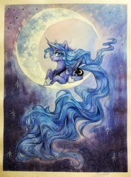 Size: 2920x3942 | Tagged: safe, artist:jsunlight, princess luna, alicorn, pony, g4, crescent moon, crown, female, high res, hoof shoes, jewelry, mare, moon, princess shoes, proprietary, regalia, solo, tangible heavenly object, traditional art, watercolor painting