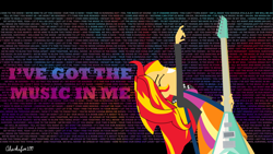 Size: 1920x1080 | Tagged: safe, artist:ahsokafan100, sunset shimmer, human, rainbow rocks 10th anniversary, equestria girls, g4, my little pony equestria girls: rainbow rocks, abstract background, arched back, cinematic bars, clothes, electric guitar, eyes closed, guitar, guitar pick, jacket, leather, leather jacket, looking up, lyrics, minimalist, musical instrument, raised arm, redraw, signature, skirt, smiling, solo, song reference, sunset shimmer day, sunset shredder, text, typography, wallpaper, welcome to the show