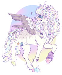 Size: 1434x1735 | Tagged: safe, artist:cactiflowers, oc, oc only, pegasus, pony, bandage, braid, clothes, colored hooves, curly hair, ear piercing, hooves, leg warmers, lip piercing, pegasus oc, piercing, solo